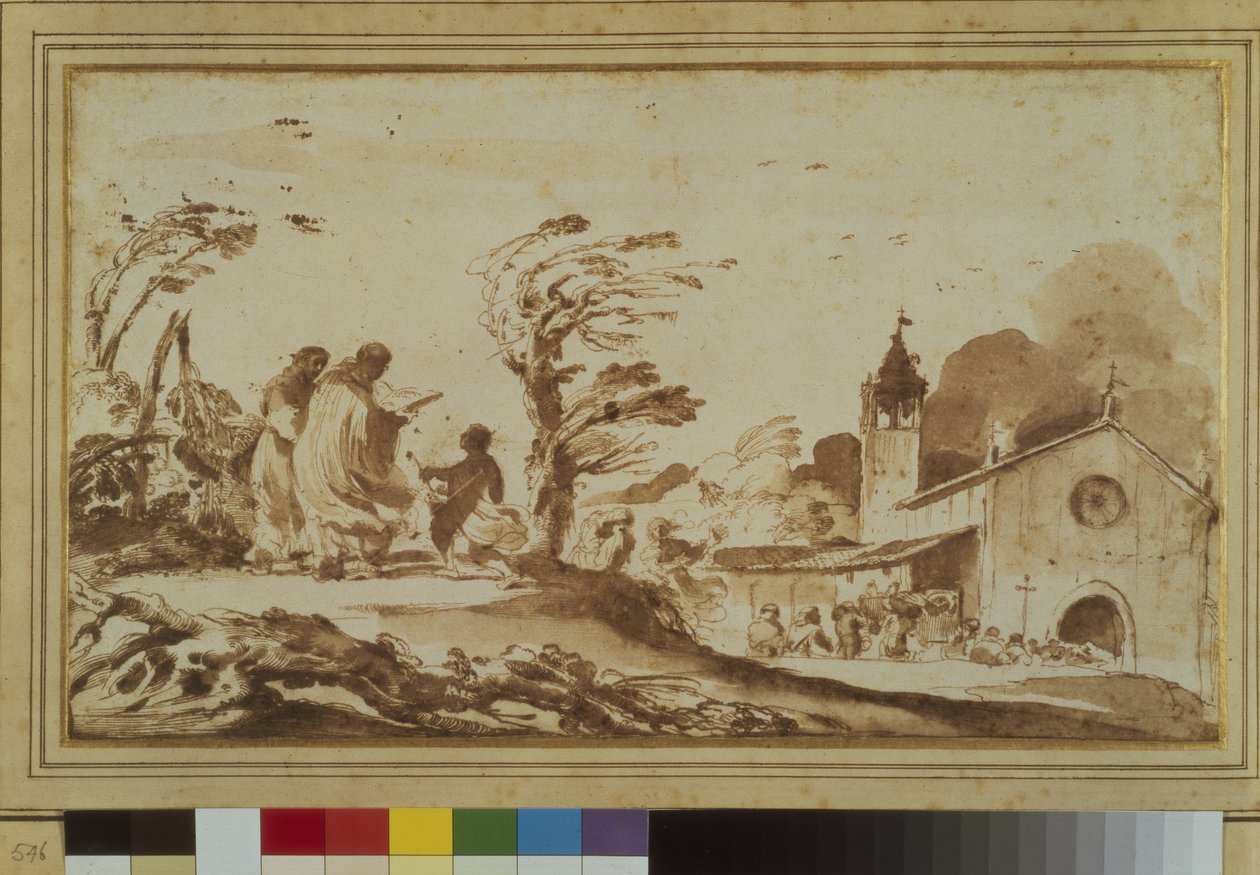 Maisema hahmoilla kirkon vieressä (kynä ja muste ja pesu paperille) tekijältä Guercino
