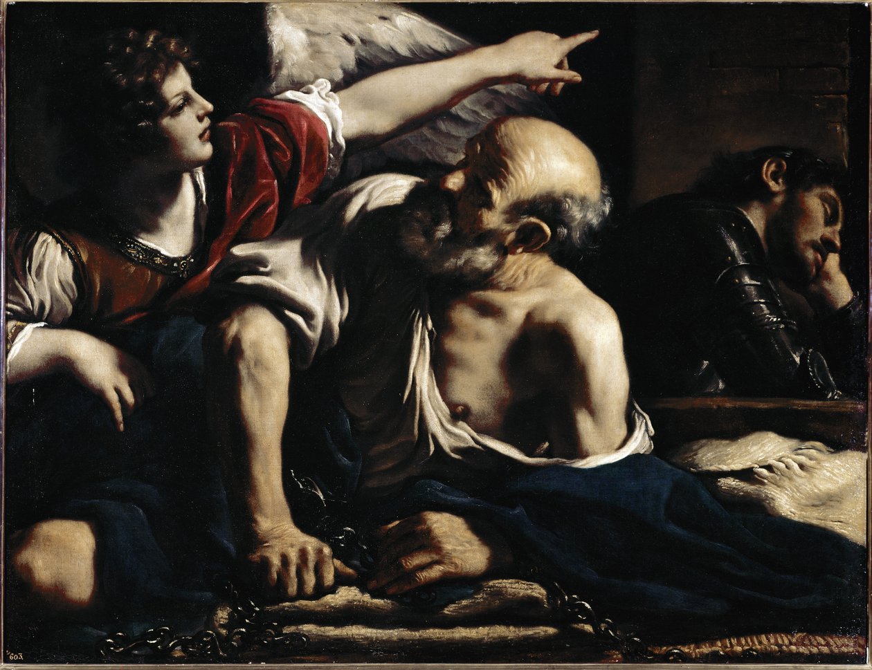 Pyhä Pietari vapauttaa enkelin toimesta - Öljy kankaalle, noin 1622 tekijältä Guercino