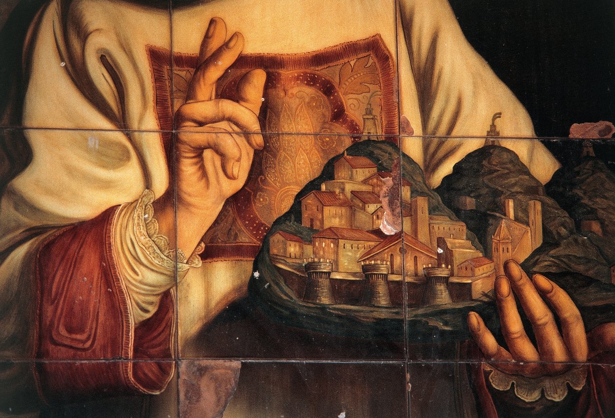San Marino siunaamassa kaupunkia, jota hän pitää kädessään, öljy kankaalle, kirjoittanut Giovanni Francesco Barbieri, nimeltään Guercino (1591-1666), kongressi- ja yleisösali, kongressipalatsi, San Marino, San Marinon tasavalta tekijältä Guercino