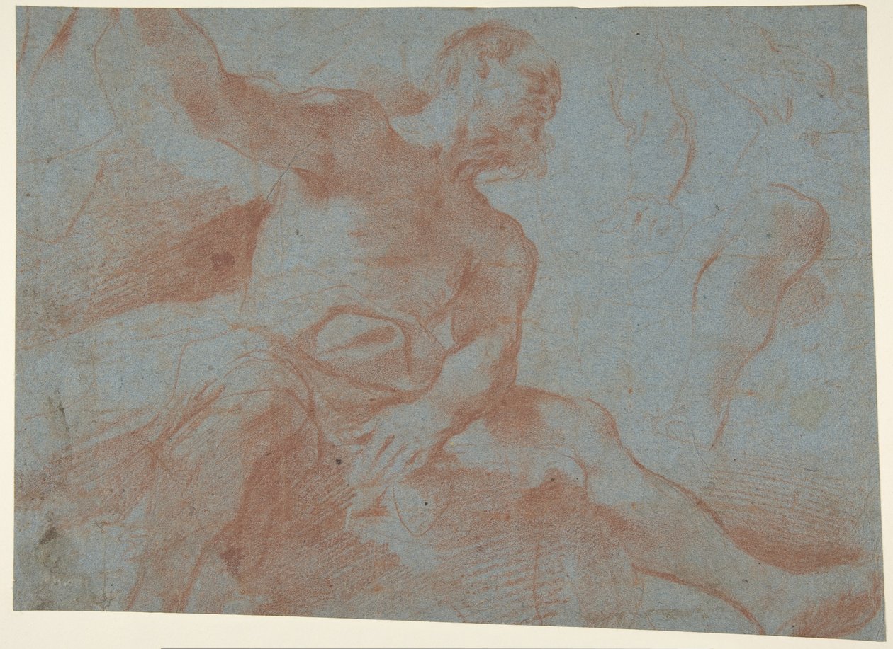 Istuva vanha mies oikea käsi ylhäällä (Tithonus) (recto) tekijältä Guercino