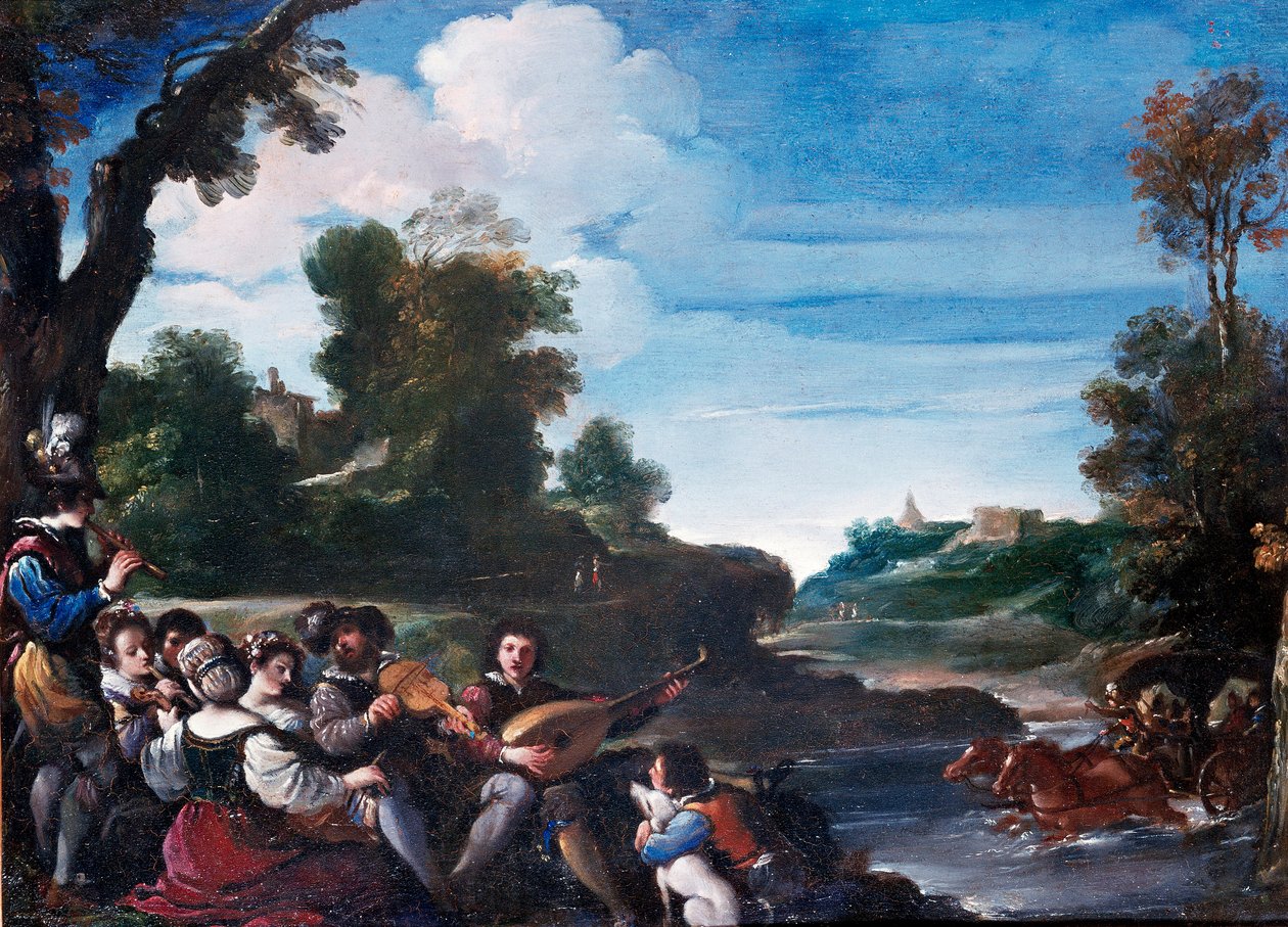 Summer Pleasures Maisema konsertilla. Giovanni Francesco Barbierin maalaus Guerchin dit Il Guercino (1591-1666) 1600-luvun su. 0,35x0,47 m Firenze, Uffizin galleria tekijältä Guercino