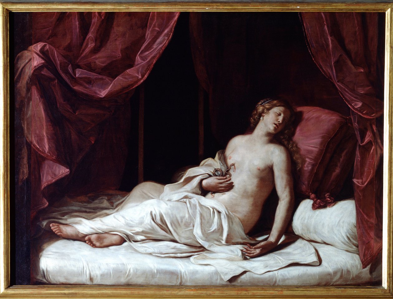 Kuningatar Kleopatran kuolema Muinaisen Egyptin kuningattaren Thea Philopatorin (69-30 eKr.) itsemurha - (Kuningatar Kleopatran kuolema) Guercinon maalaus (Giovan Francesco Barbieri) (Guerchin) (1591-1666) (1591-1666) Di2m 374x cm Genes, Musei di Strada tekijältä Guercino