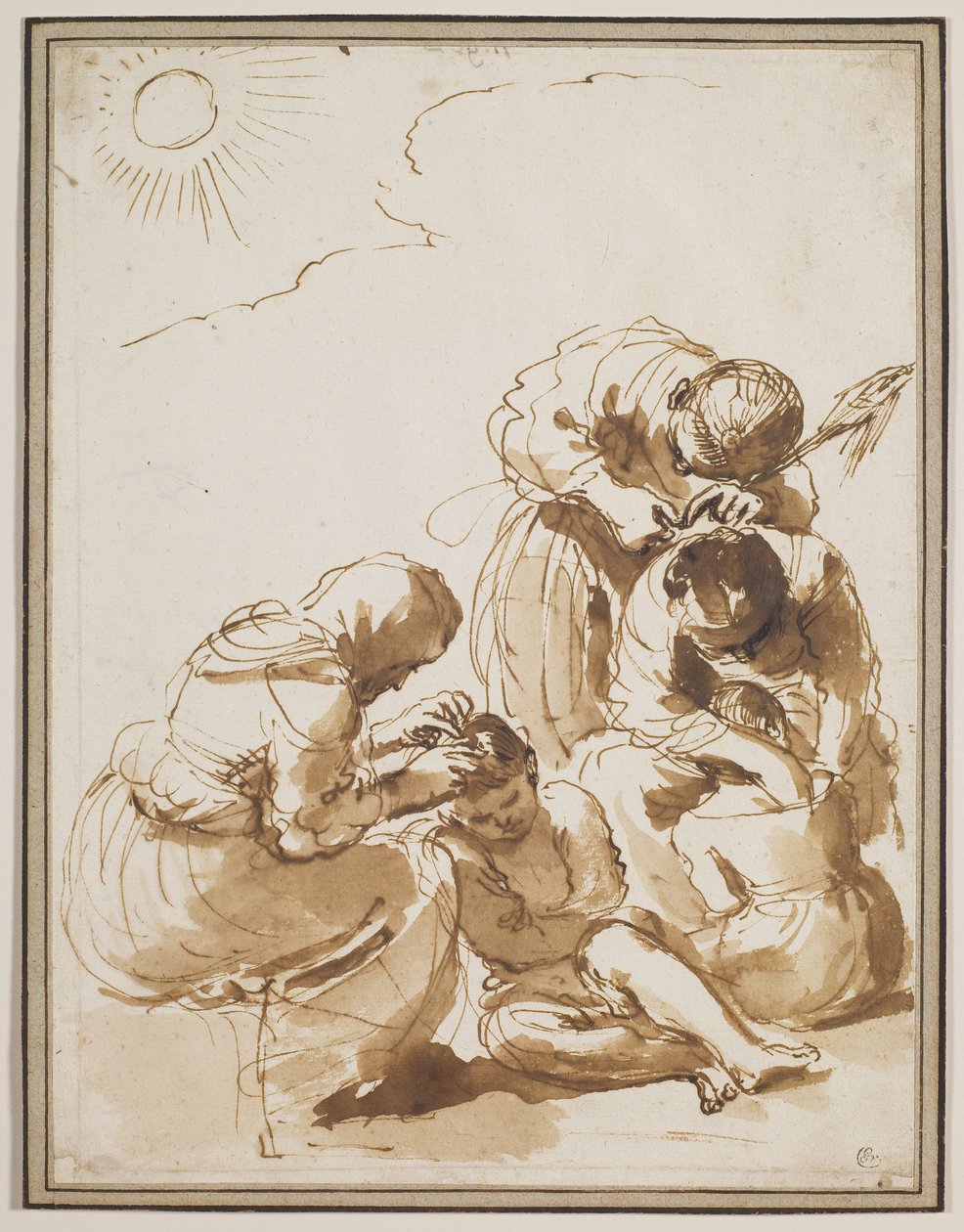 Hiirtenmetsästäjät, 1620-luvun alku (tussi ja tussi, pesu paperille). tekijältä Guercino (1591-1666)