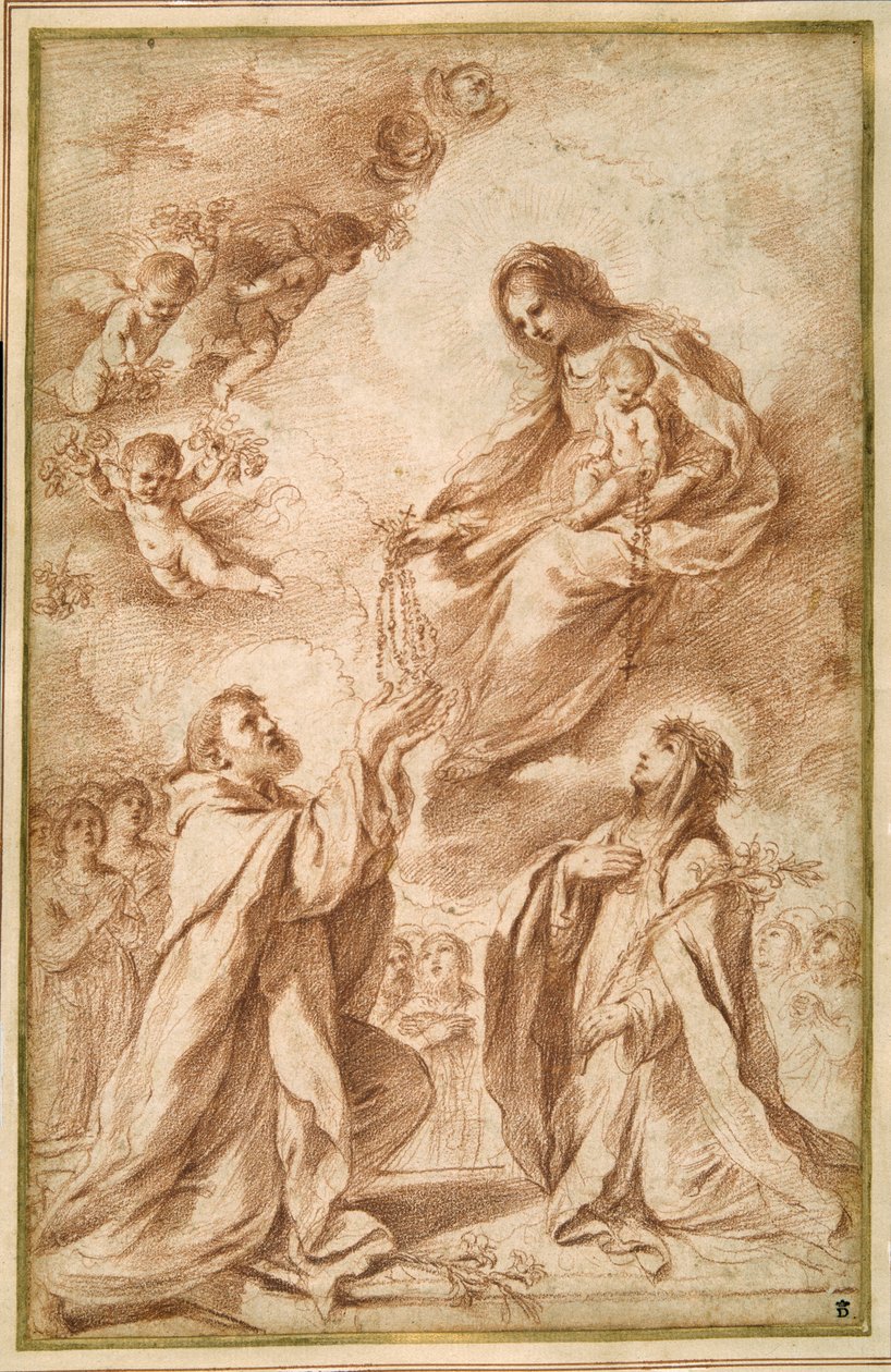"Madonna del Rosario" Pyhän Dominicin ja Pyhän Katariina Sienan kanssa (punainen liitu paperille) tekijältä Guercino