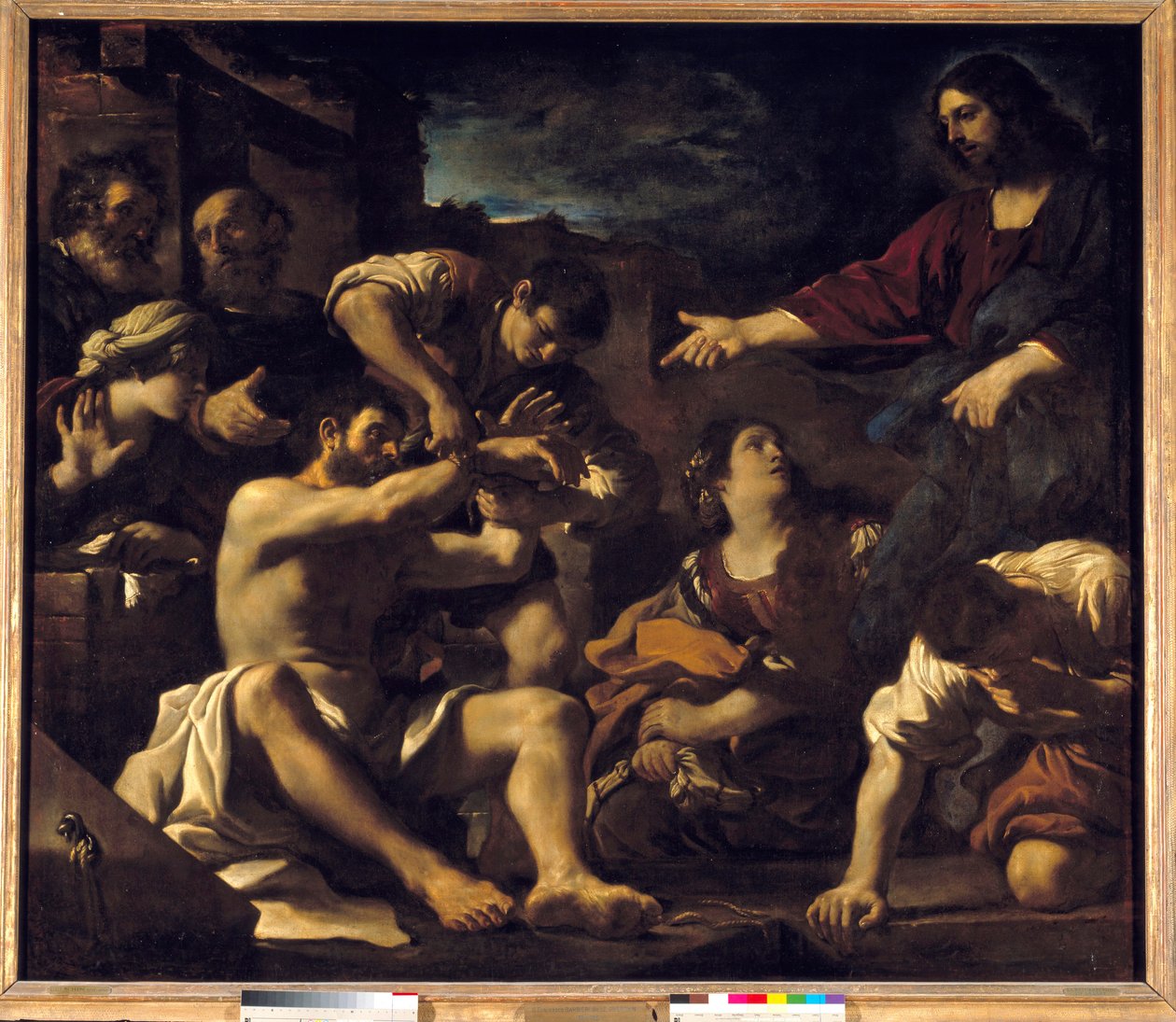 Lasaruksen ylösnousemus. Giovanni Francesco Barbieri Guerchin dit Il Guercinon (1591-1666) maalaus. 1619 Su. 2,01 x 2,33 m tekijältä Guercino