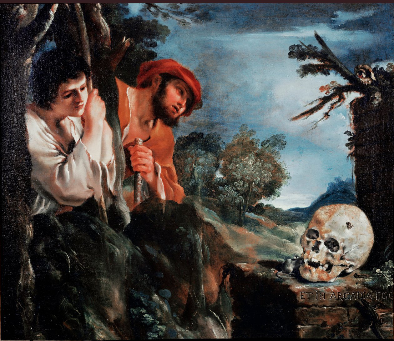 Arcadia Miesten paimenet Kreikan Peloponnesoksen saaren haudan ympärillä. Giovanni Francesco Barbieri Guerchinin maalaus (Vanita) Il Guercinossa (1591-1666) 1618 Rooman ympärillä, Galleria Corsini tekijältä Guercino