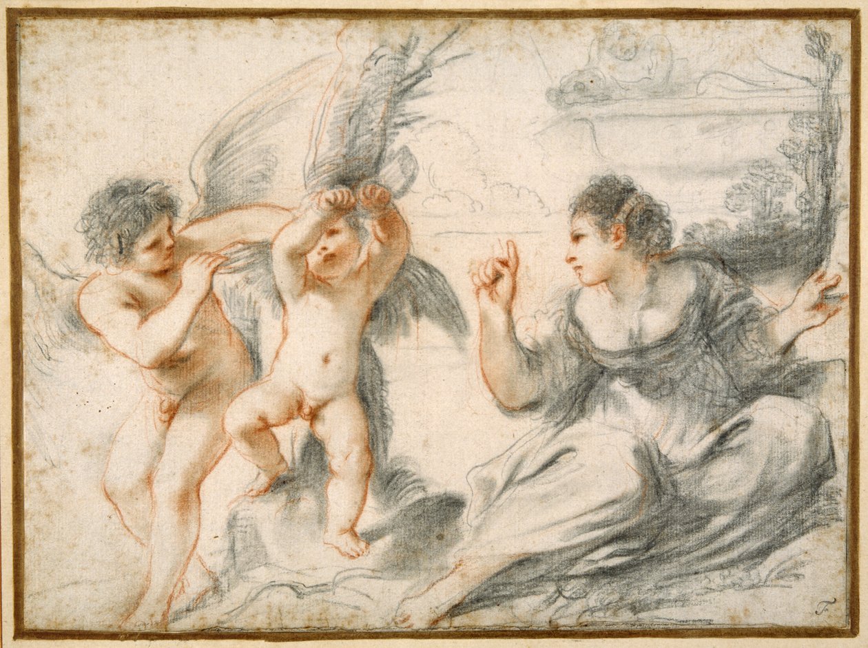 Venus renya Cupido, mentre un Cupido gran el lliga a un arbre (guixos negres i vermells sobre paper) finlandès tekijältä Guercino