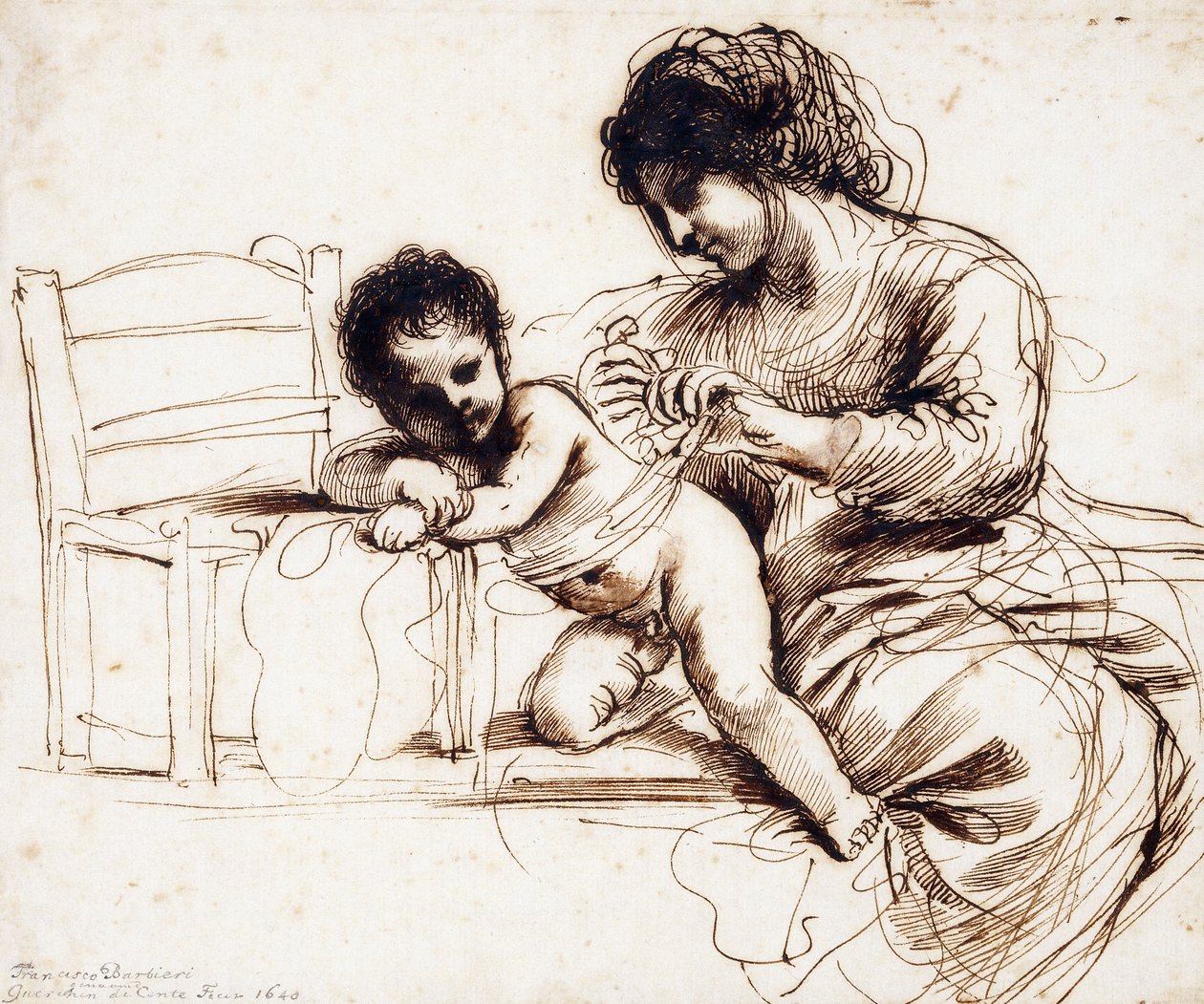 Äiti ja lapsi tuolilla, tekijältä Guercino