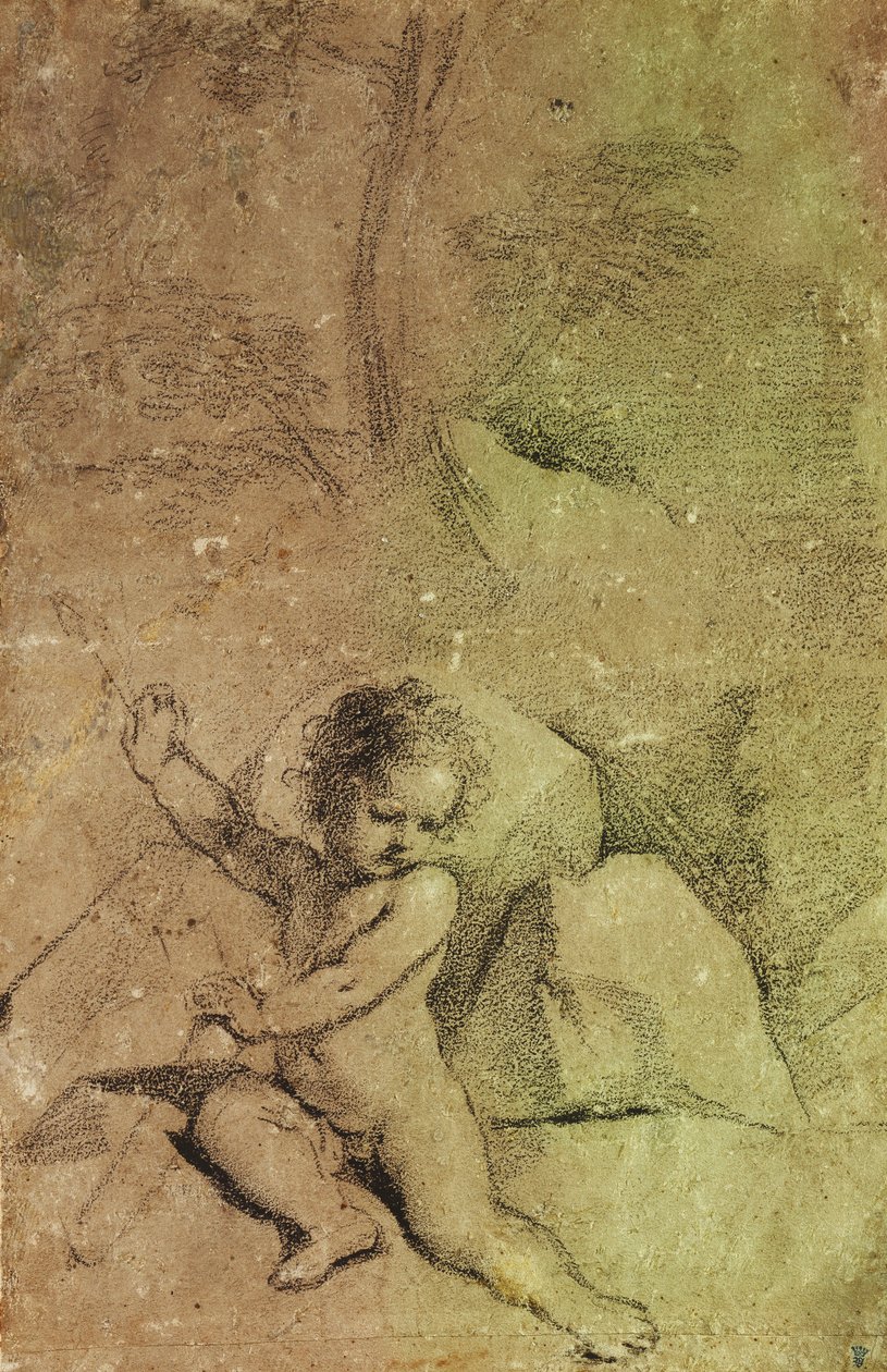 Amor piirtää nuolen viiveestä maisemassa, tekijältä Guercino