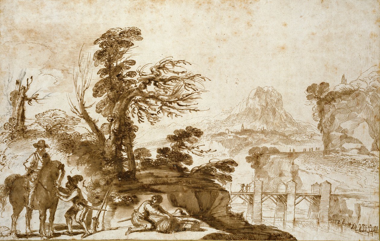 Maisema ratsumiehen ja sillan kanssa, 1600-luvun alku tekijältä Guercino