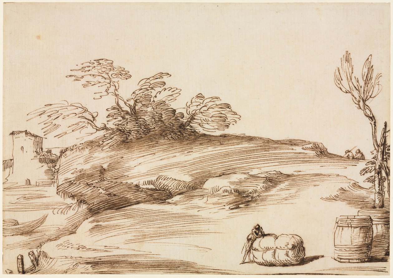 Maisema, jossa mies nojaa paalille, c. 1640. tekijältä Guercino