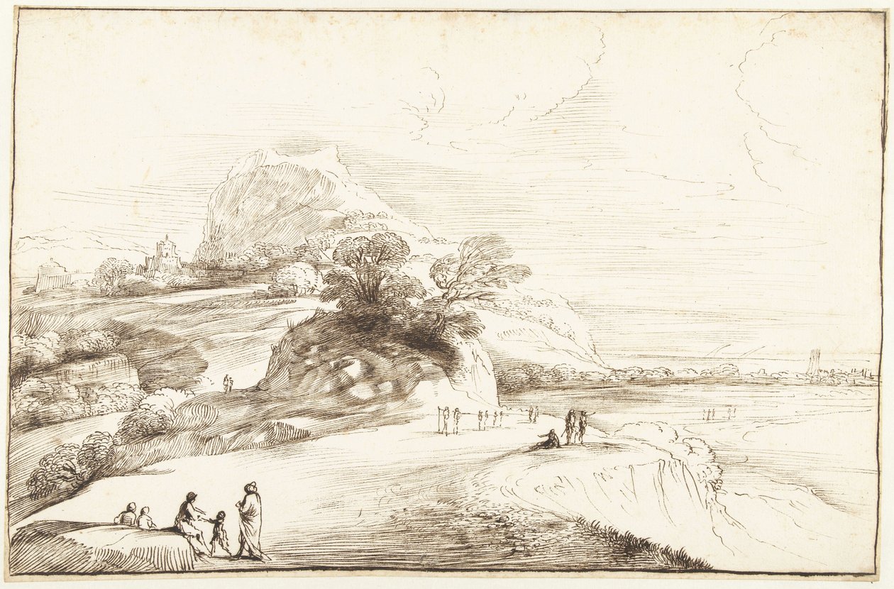 Vuoristomaisema kaukaisella näköalalla tekijältä Guercino