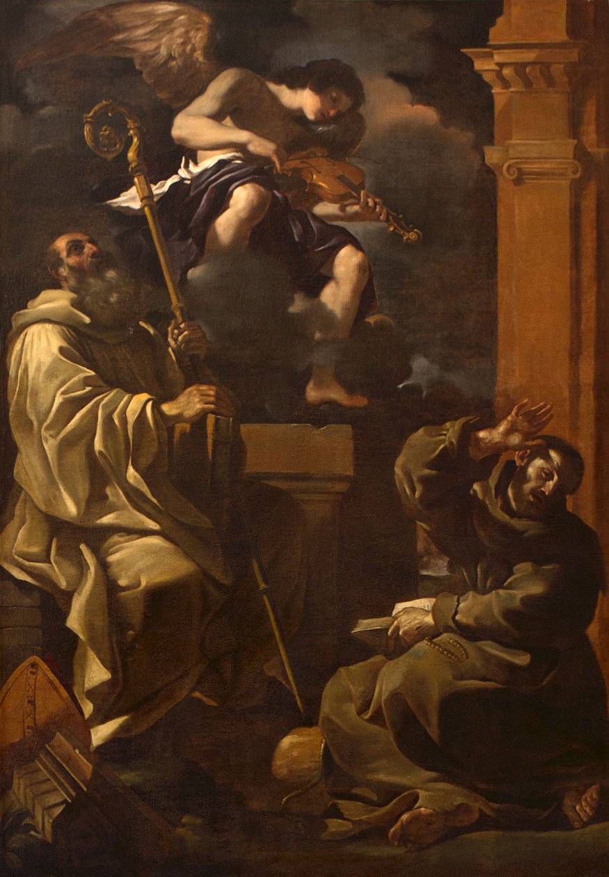 Pyhä Benedictus ja Pyhä Franciscus kuuntelemassa muusikkoenkeliä. tekijältä Guercino