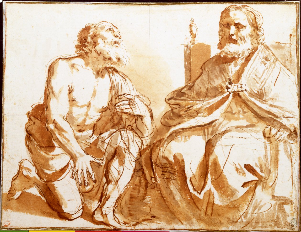 Istuva piispa ja polvistuva pyhimys tekijältä Guercino