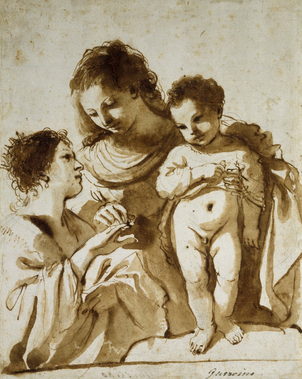 Pyhän Katariinan mystinen avioliitto, 1618-19 (kynä ja ruskea muste, ruskealla tussilla ja mustalla liidulla tehdyillä merkinnöillä valkoiselle paperille). tekijältä Guercino