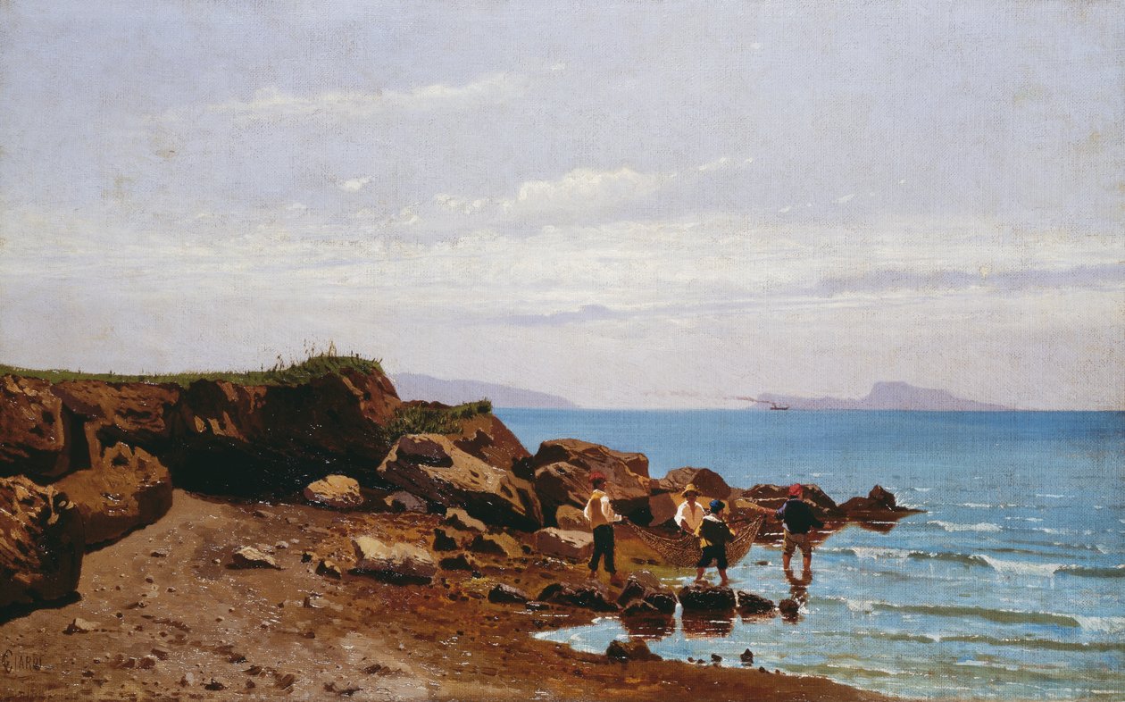 Kalastajat Napolin rannikolla, taustalla Caprin saari, Guglielmo Ciardi (1842-1917), öljy kankaalle, 47,5x76,5 cm tekijältä Guglielmo Ciardi