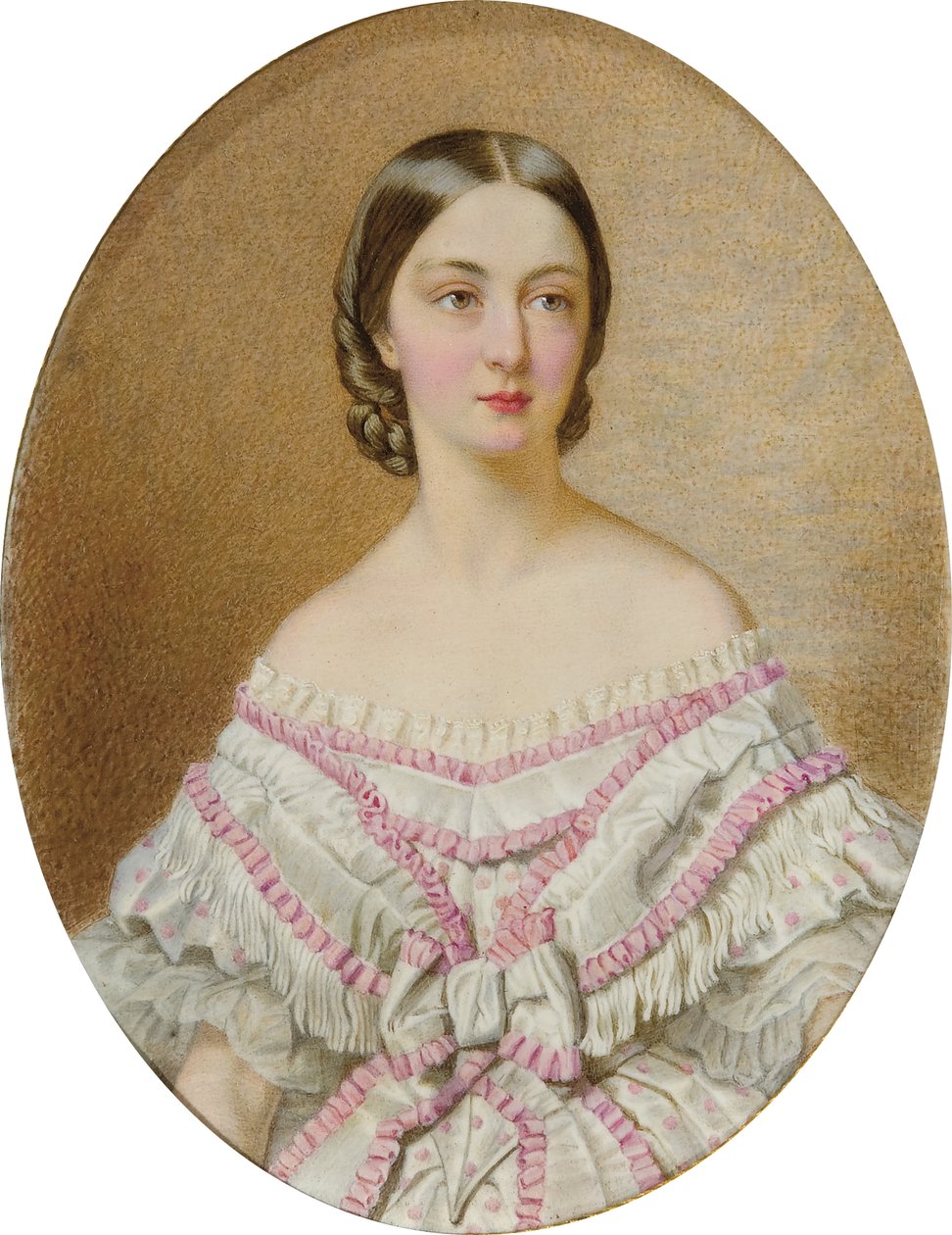 Muotokuva Françoise Chartresin herttuattaresta (1844-1925) valkoisessa mekossa ja huivissa, jossa on vaaleanpunaisia mehiläispesiä; tekijältä Guglielmo Faija