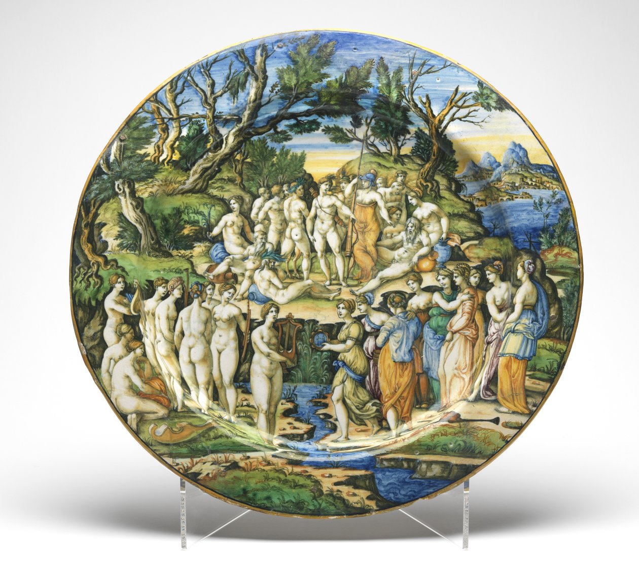 Musien ja Pieridien välinen kilpailu, n. 1545-1550 (tinalasitetut keramiikka) tekijältä Guido Durantino