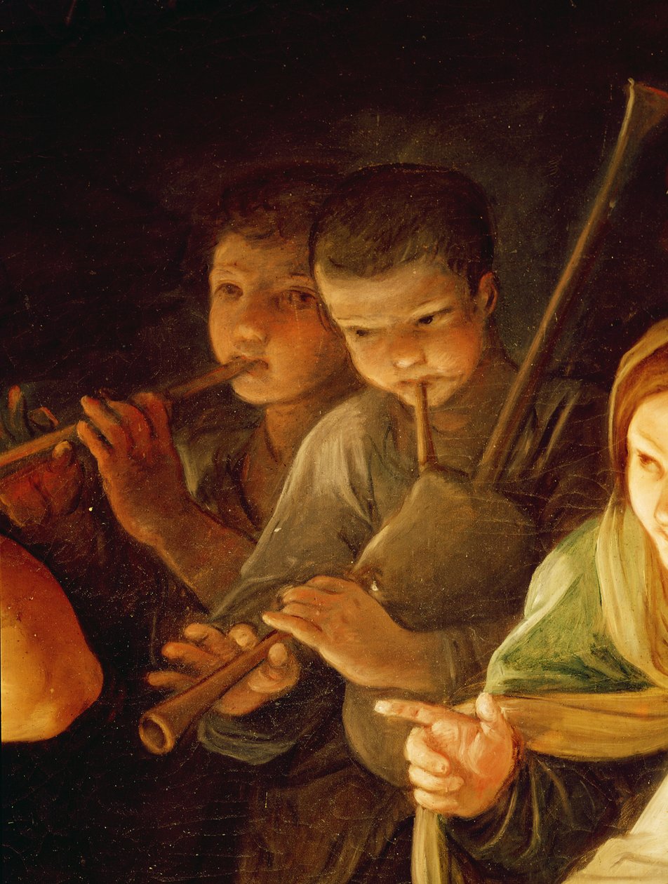 Paimenten palvonta nuorten muusikoiden yksityiskohta taustalla, 1642 öljy kankaalle tekijältä Guido Reni