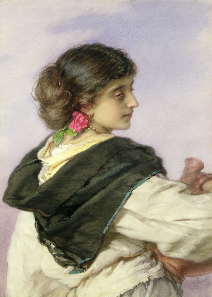 Young Water Carrier, 1870 (wc ja vartaloväri paperilla) tekijältä Guido Bach