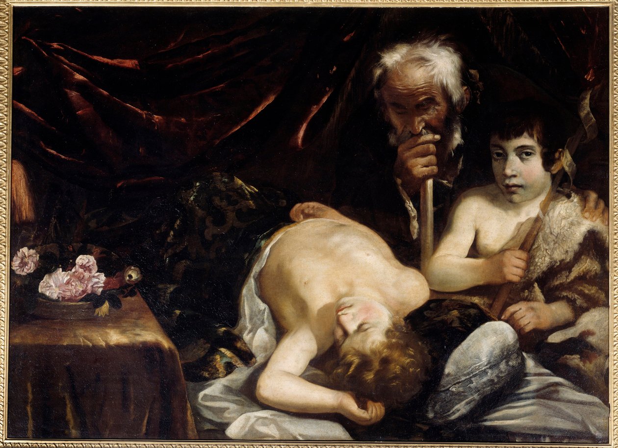Nukkuva lapsi Jeesus Pyhän Johannes Kastajan ja Pyhän Joosefin kanssa Guido Cagnaccin (1601-1681) maalaus. 1630-1640. Koko 0,94x1,31 m Chantilly, Conde-museo tekijältä Guido Cagnacci