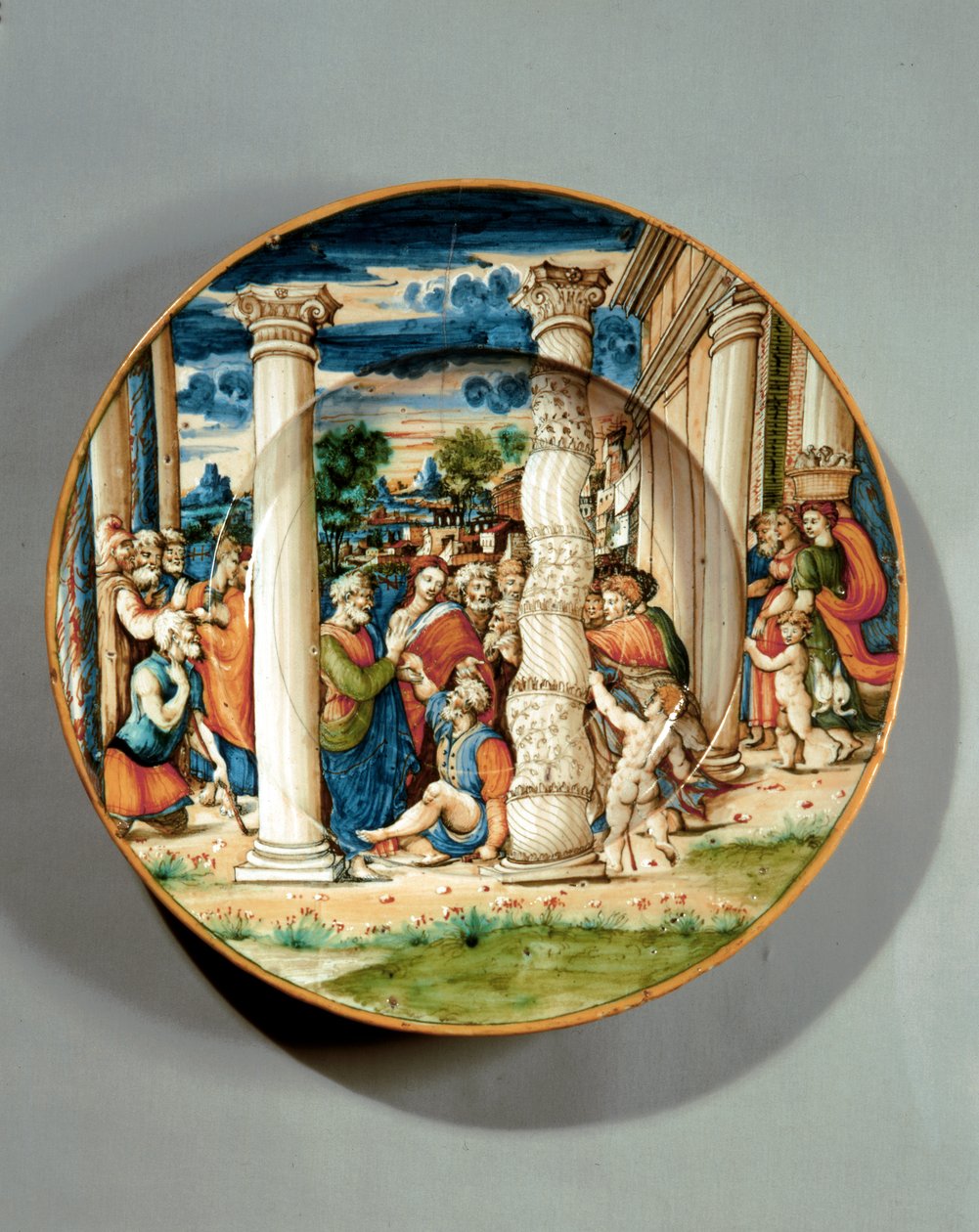 Astia, jossa Pietari ja Johannes parantavat ontuvan miehen temppelissä, n. 1540-50 (maiolika). tekijältä Guido Di (workshop of) Merlino