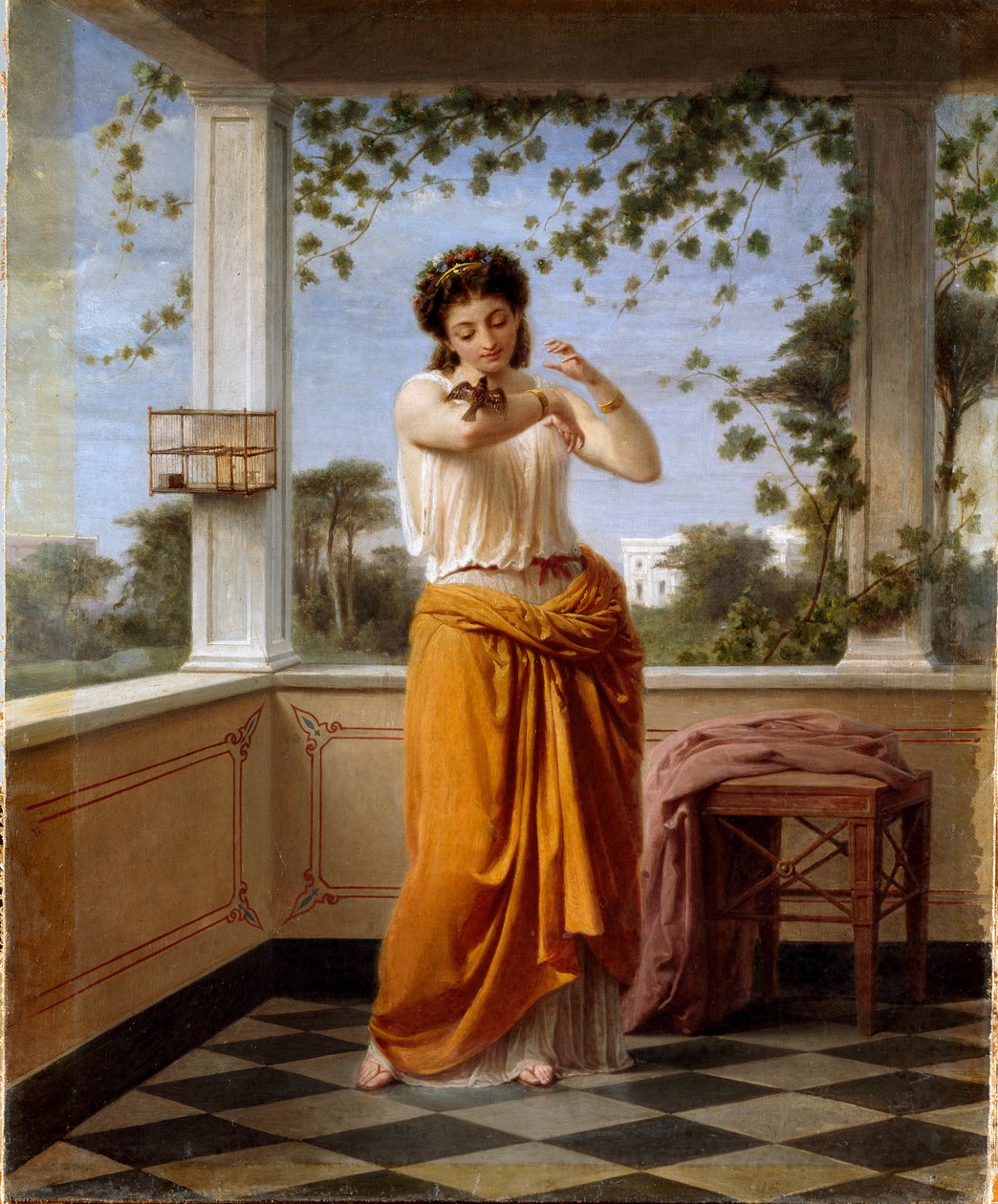 Karennut nuori nainen uusklassisessa sisustuksessa, pieni lintu karkaa hänen häkistä on kädessään. Guido Goninin (1833-1906) maalaus Dim. 57x47 cm Genes Nervi, Galleria by Arte Moderna, inv. 102 tekijältä Guido Gonin