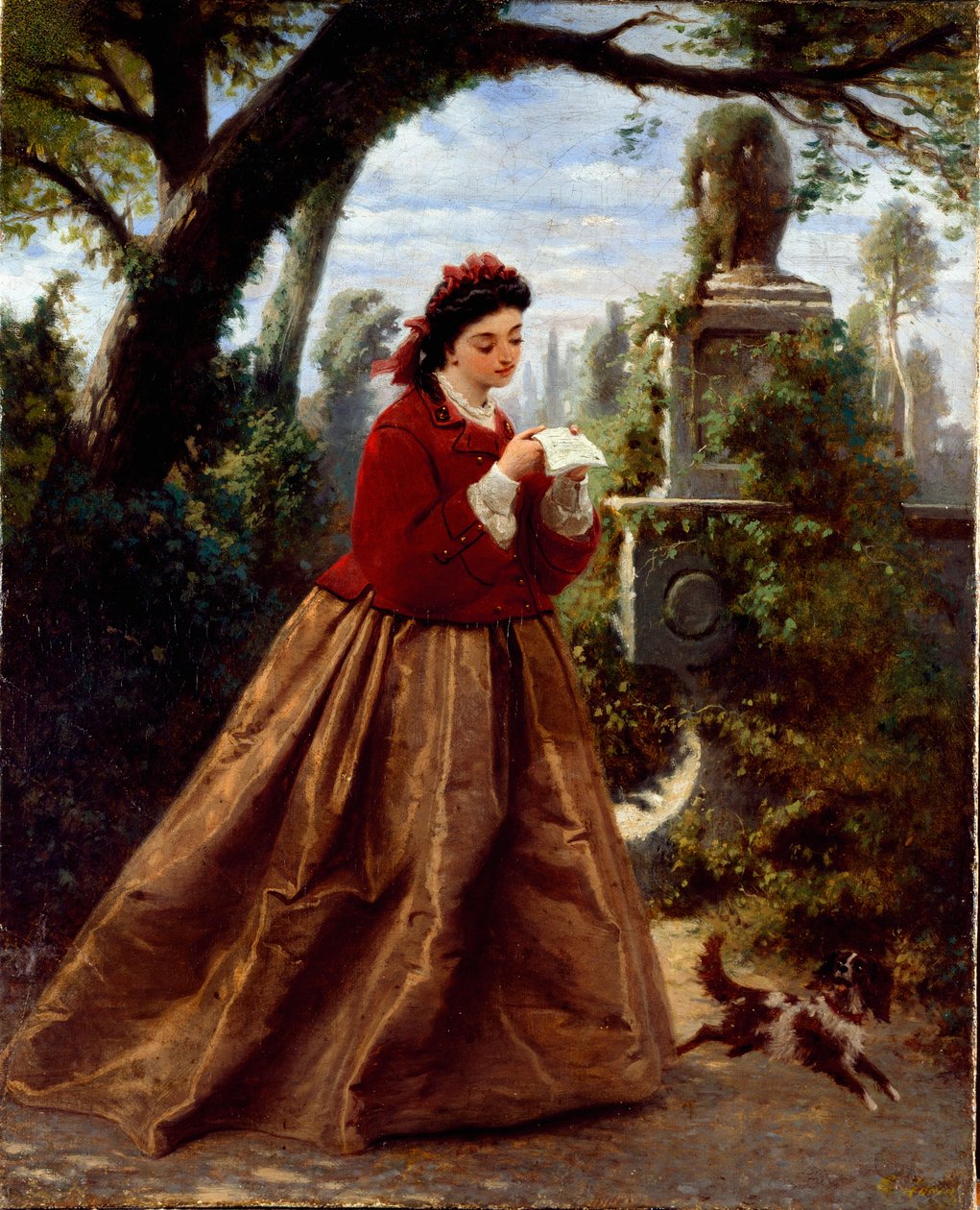 Kirje Nuori nainen lukee luultavasti rakkauskirjettä romanttisessa maisemassa. Guido Goninin (1833-1906) maalaus 1868 Genes, Galleria d