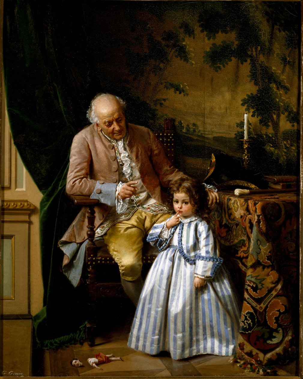 Moite. Pientä tyttöä moititaan, koska hän rikkoi nukkensa. Lelu putosi lattialle. Guido Goninin (1833-1906) maalaus tekijältä Guido Gonin