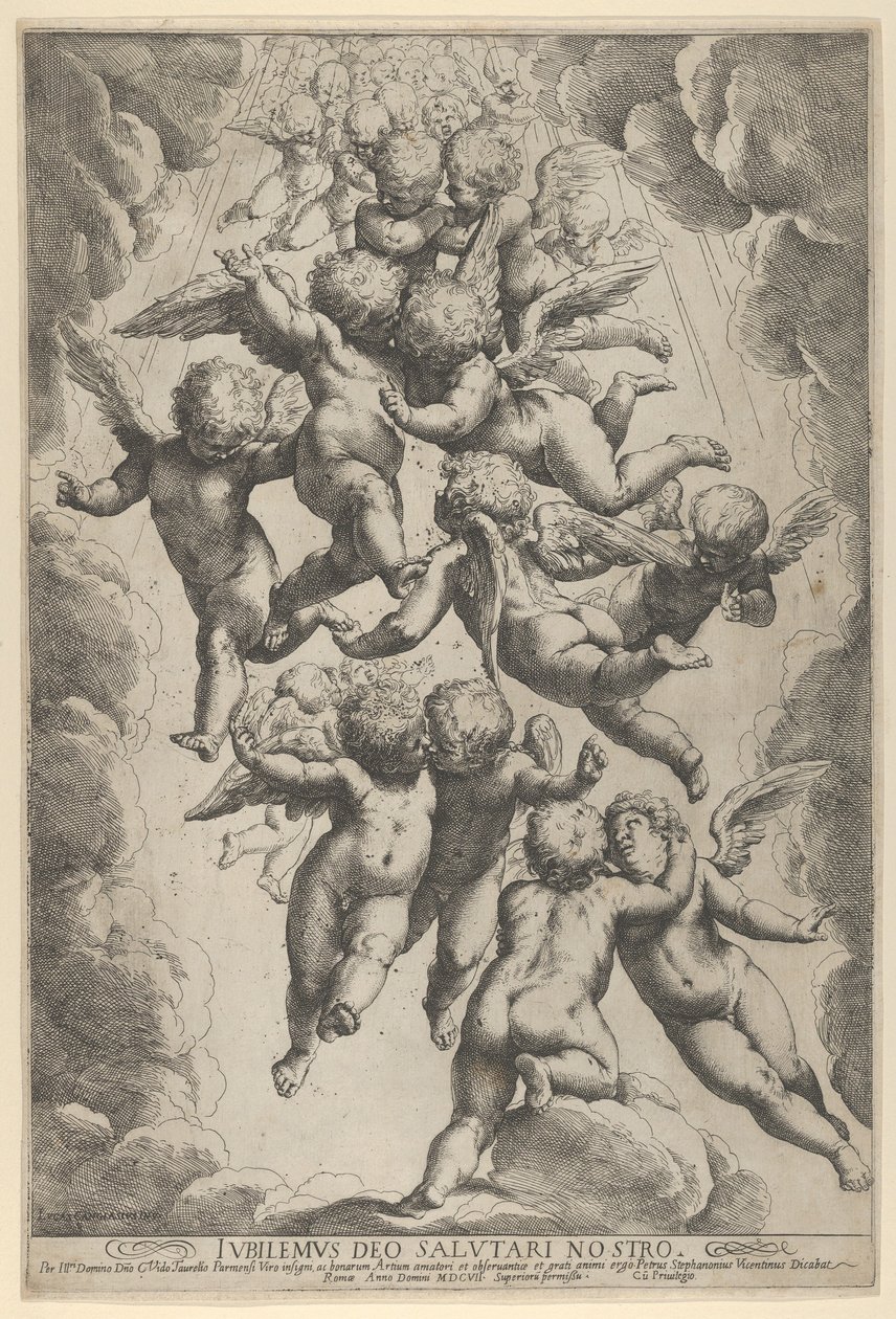 Ryhmä enkeleitä halaamassa lennossa, pilvien kehystettynä, n. 1607., n. 1607. tekijältä Guido Reni
