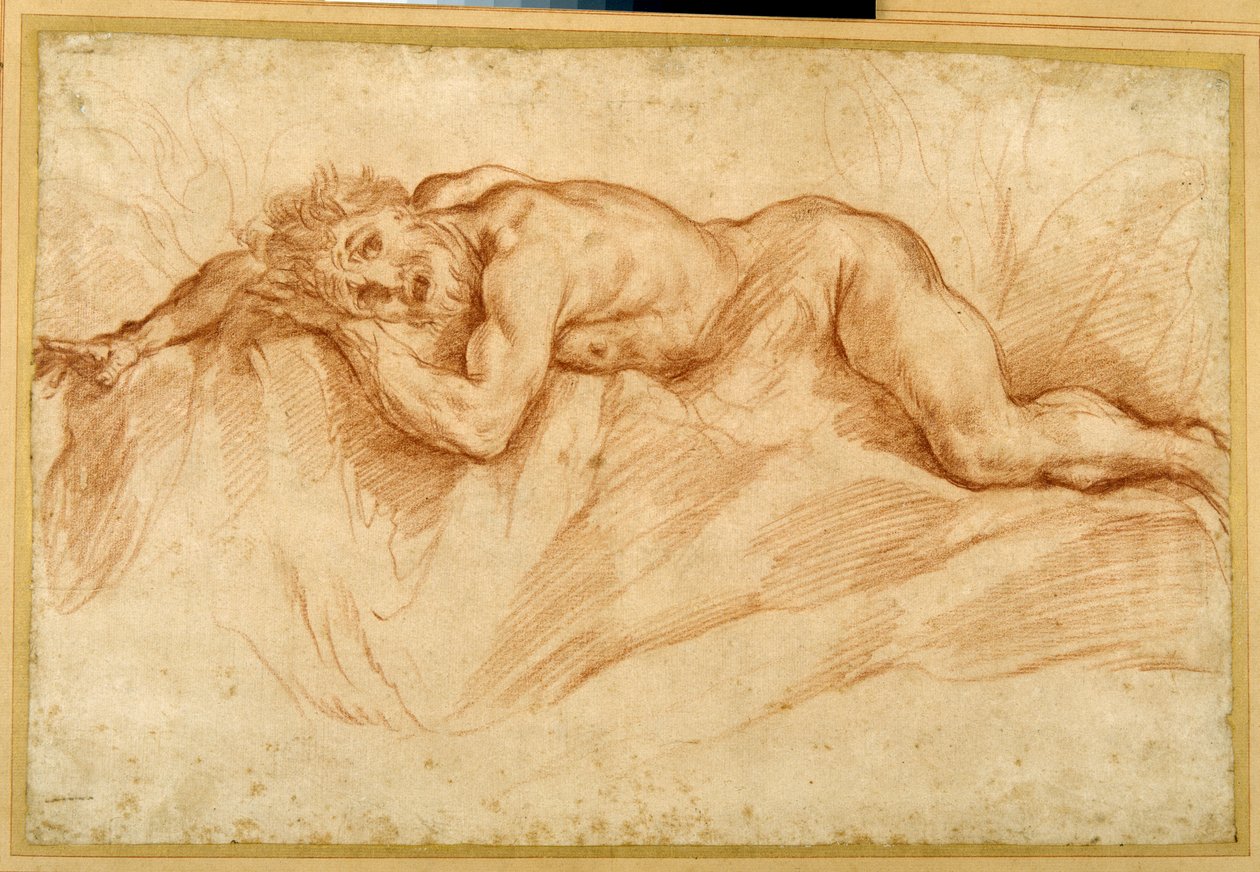 Pelästynyt alaston mies, makaamassa kalliolla (punainen liitu paperilla) tekijältä Guido Reni