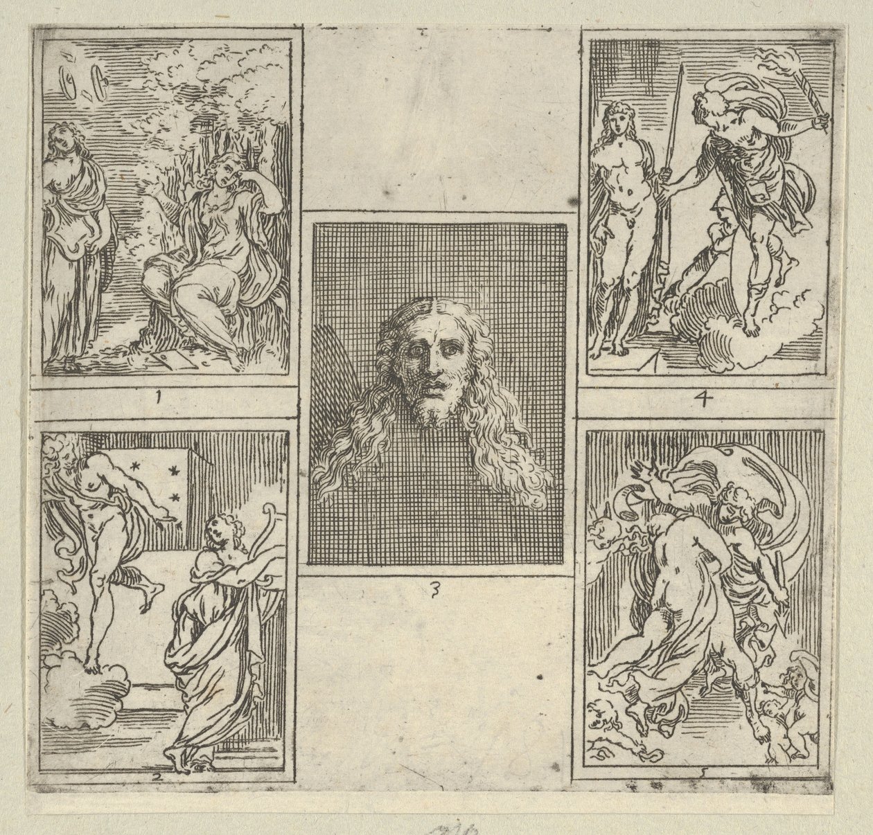 Viisi numeroitua kohtausta, jokainen Accademia Degli Incamminatin taidemaalarin mukaan elokuvasta IL FUME..., 1603. tekijältä Guido Reni