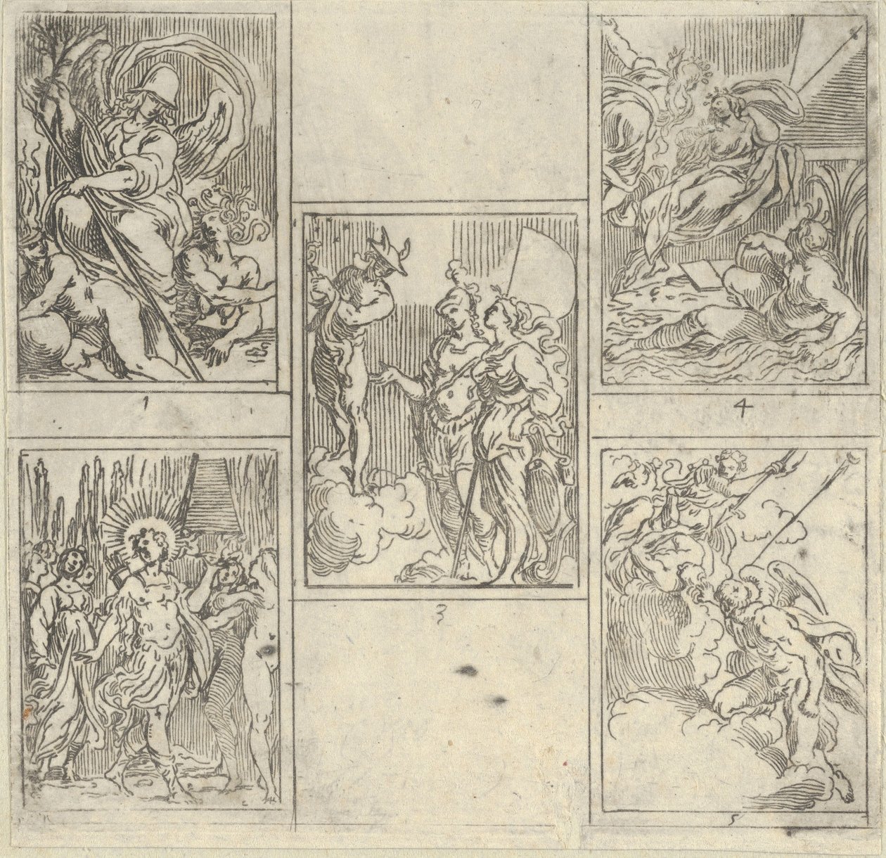 Viisi numeroitua kohtausta, jokainen Accademia Degli Incamminatin taidemaalarin mukaan elokuvasta IL FUME..., 1603. tekijältä Guido Reni