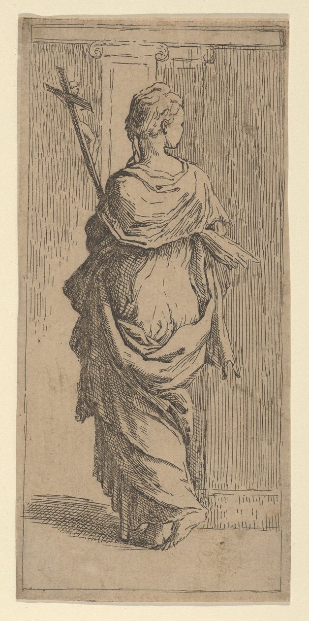 Tyttö kantaa krusifiksia ja astumassa kohti pilasteria takaa katsottuna, n. 1590-1600. tekijältä Guido Reni