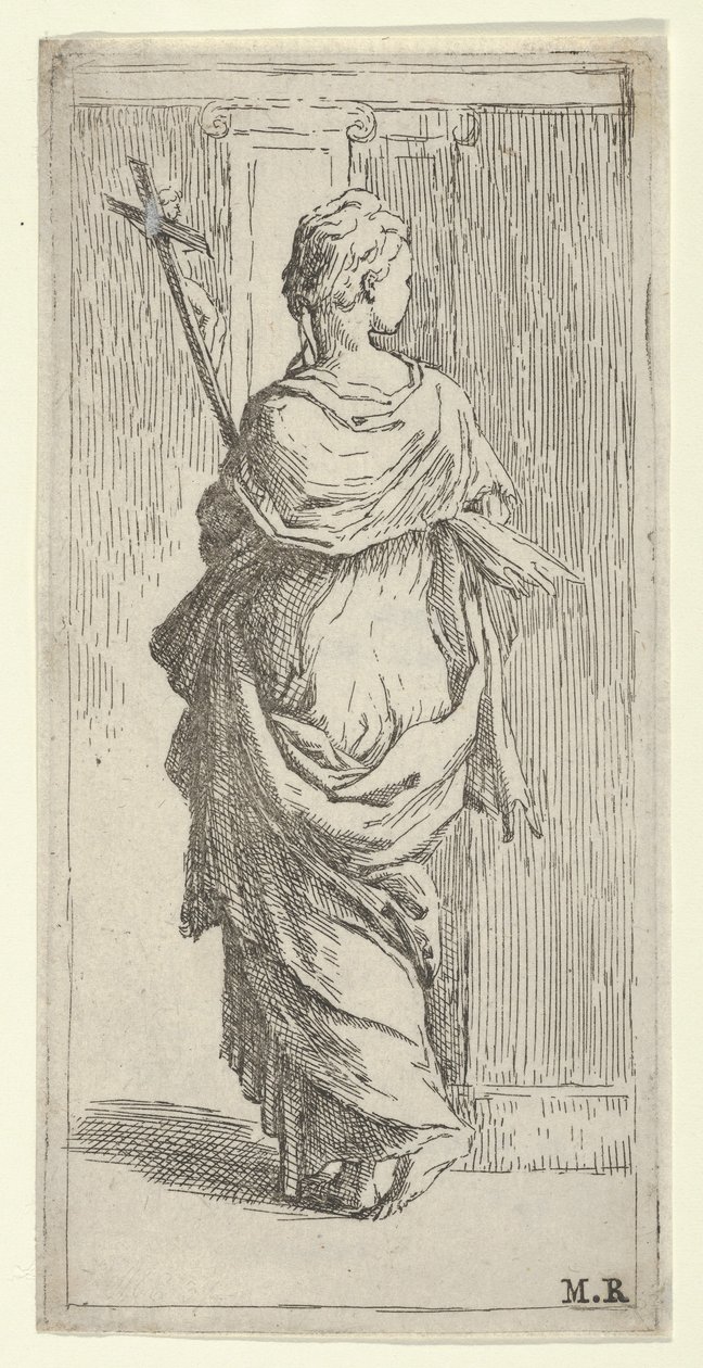Tyttö kantaa krusifiksia ja astumassa kohti pilasteria takaa katsottuna, n. 1590-1600. tekijältä Guido Reni