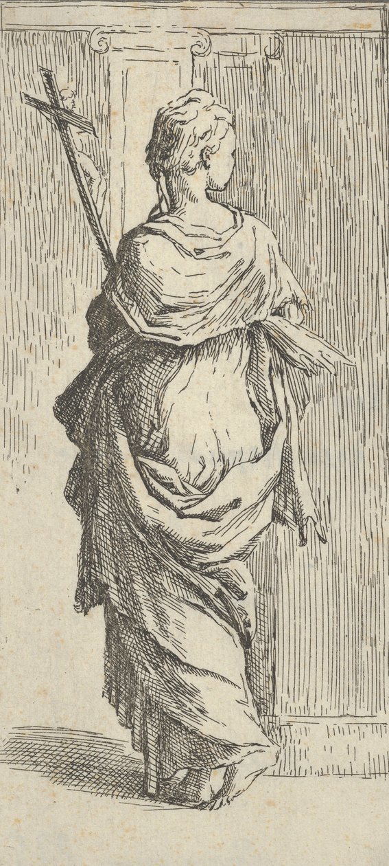Tyttö kantaa krusifiksia ja astumassa kohti pilasteria takaa katsottuna, n. 15..., n. 1590-1600. tekijältä Guido Reni