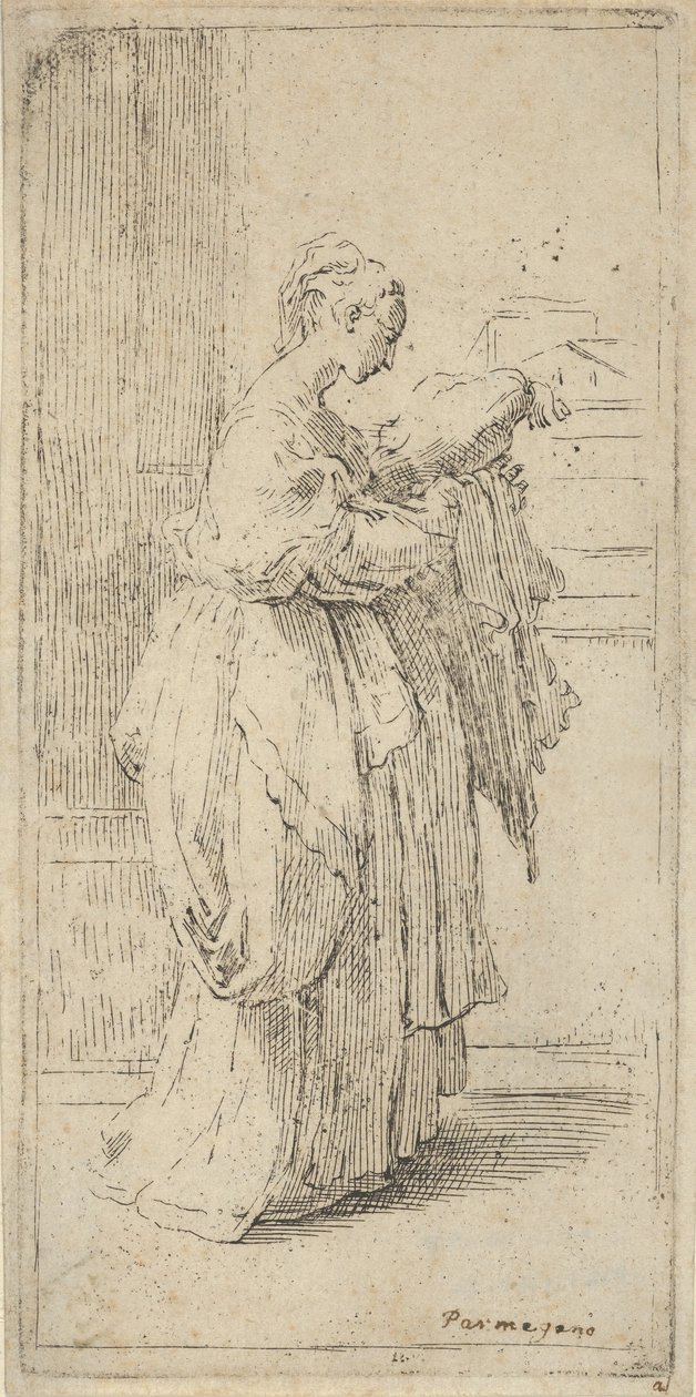 Tyttö kantaa tyynyä, nähty profiilissa oikealle, 1590-1690. tekijältä Guido Reni