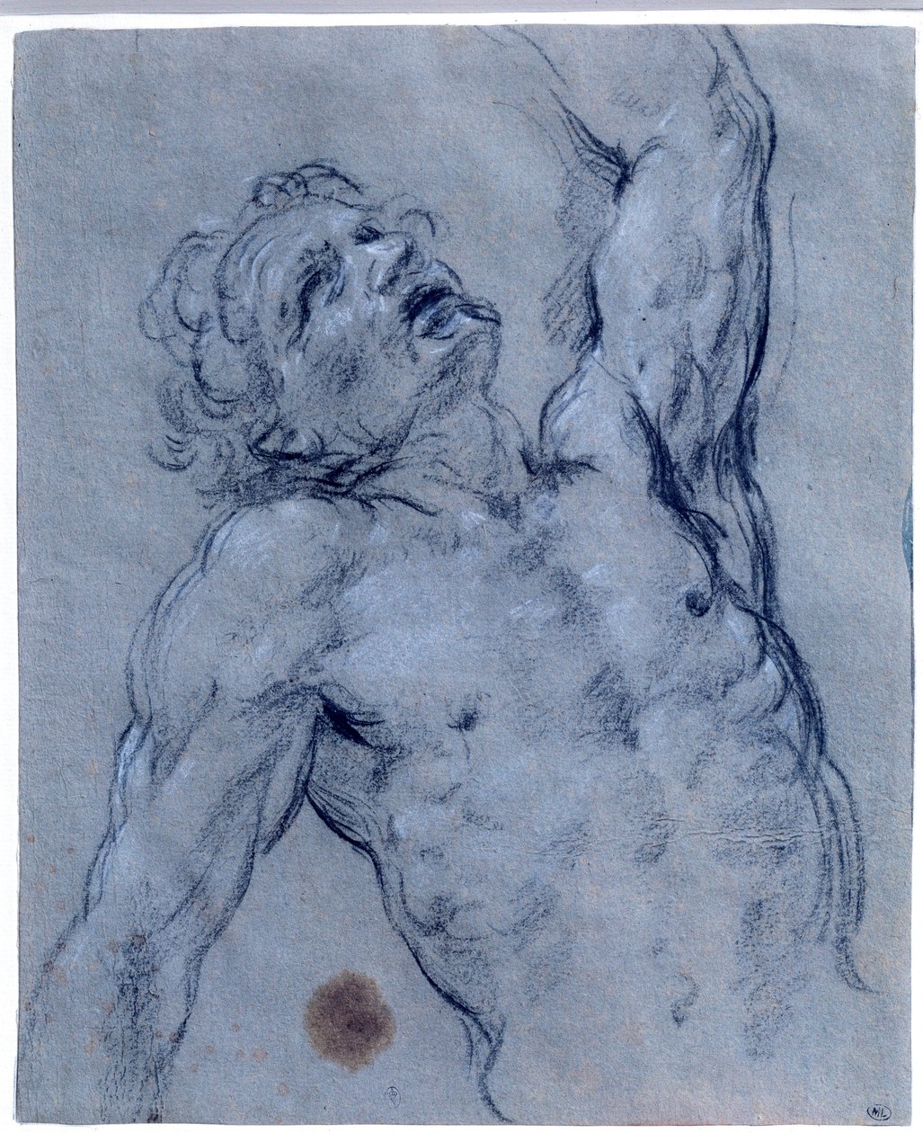 Puolikas alaston miehen hahmo, kääntyy taaksepäin, teeskentelee kärsivänsä Guido Renin musta kivipiirros nimeltään Opas (1573-1642). Aurinko 0,26x0,21 m Pariisi, musee du Louvre tekijältä Guido Reni