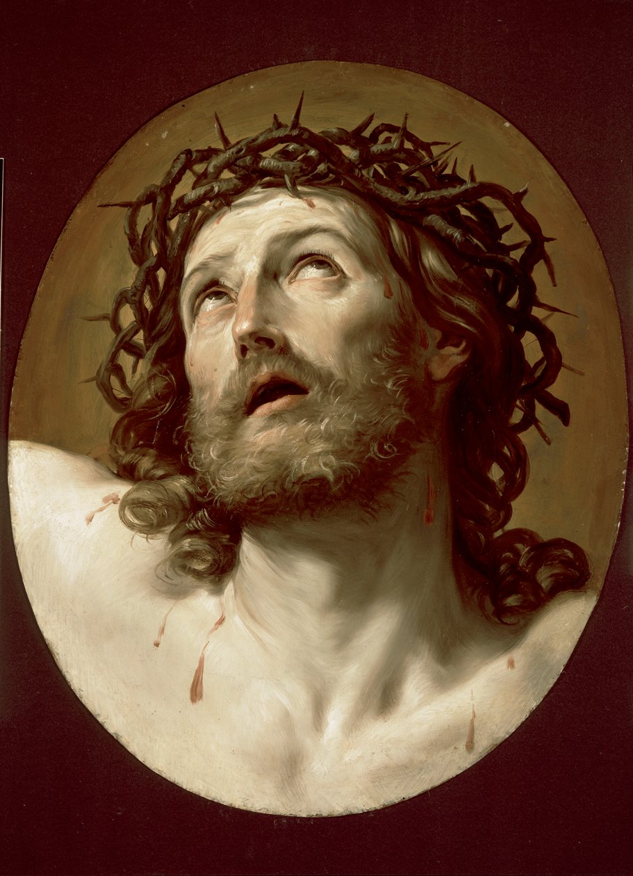 Orjantappureilla kruunatun Kristuksen pää, 1630-luvun alku (öljy kuparilevyssä) tekijältä Guido Reni