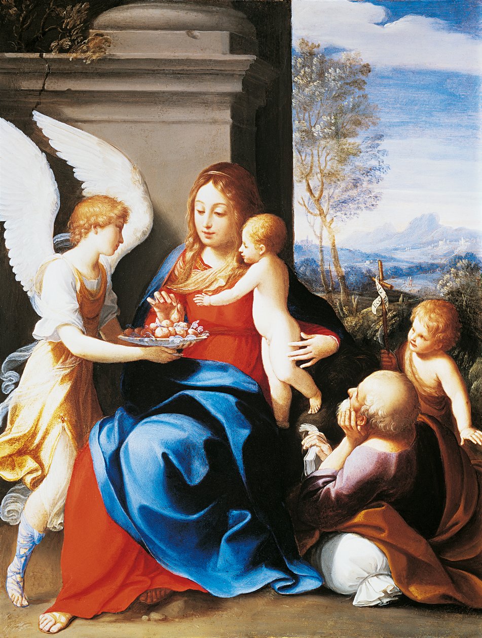 Pyhä perhe, jota enkelit palvelevat, kirjoittanut Guido Reni (1575-1642) tekijältä Guido Reni
