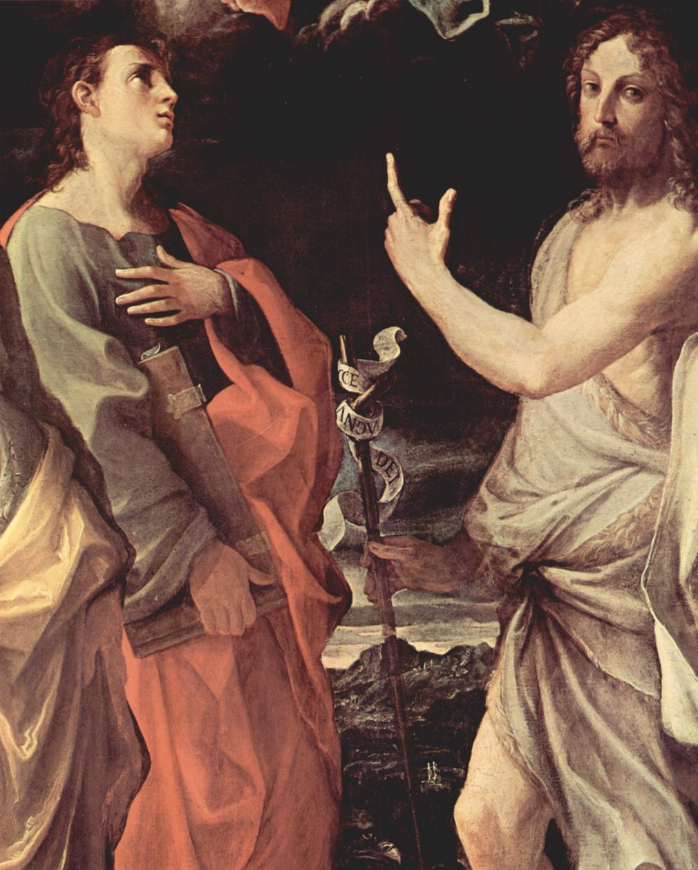 Italian kieli: Neitsyt Marian kruunajaiset ja pyhät Johannes evankelista, Johannes Kastaja, Bernard ja Katariina Aleksandrialainen, Yksityiskohta: Johannes evankelista ja Johannes Kastaja. tekijältä Guido Reni