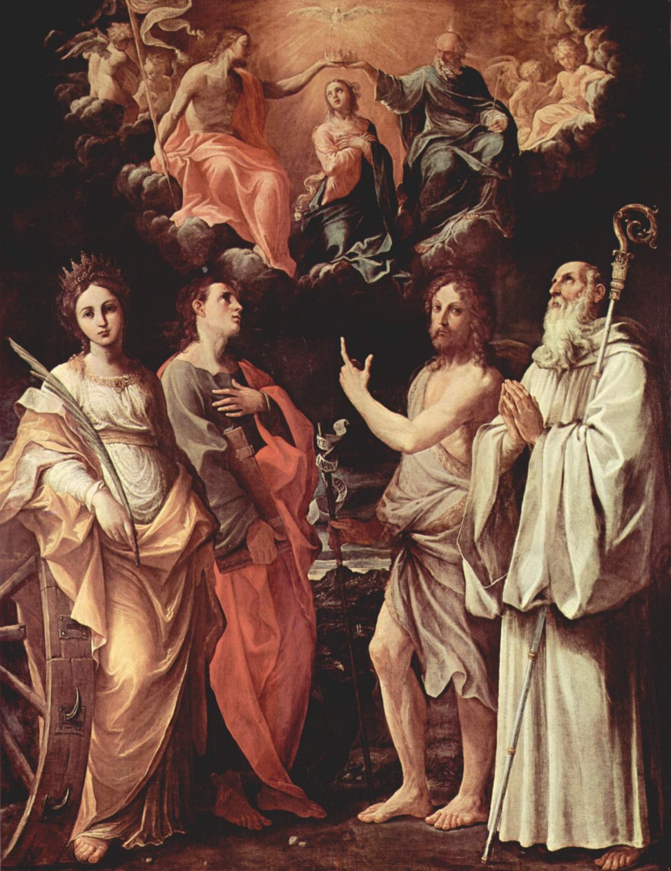 Italian kieli: Neitsyt Marian kruunajaiset ja pyhimykset Johannes evankelista, Johannes Kastaja, Bernard ja Katariina Aleksandrialainen. tekijältä Guido Reni
