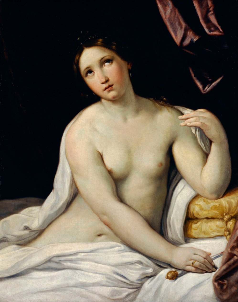 ""Lucrece"" Lucrece (Lucrezia, Lucretia, roomalainen nainen 6. vuosisadalla eKr.) tekee itsemurhan joutuessaan serkkunsa Sextus Tarquinin, Tarquin Superbin pojan, väkivallan uhriksi - Guido Reni dit le Guiden maalaus (1575) - 1642), noin 1637 - Oil o tekijältä Guido Reni