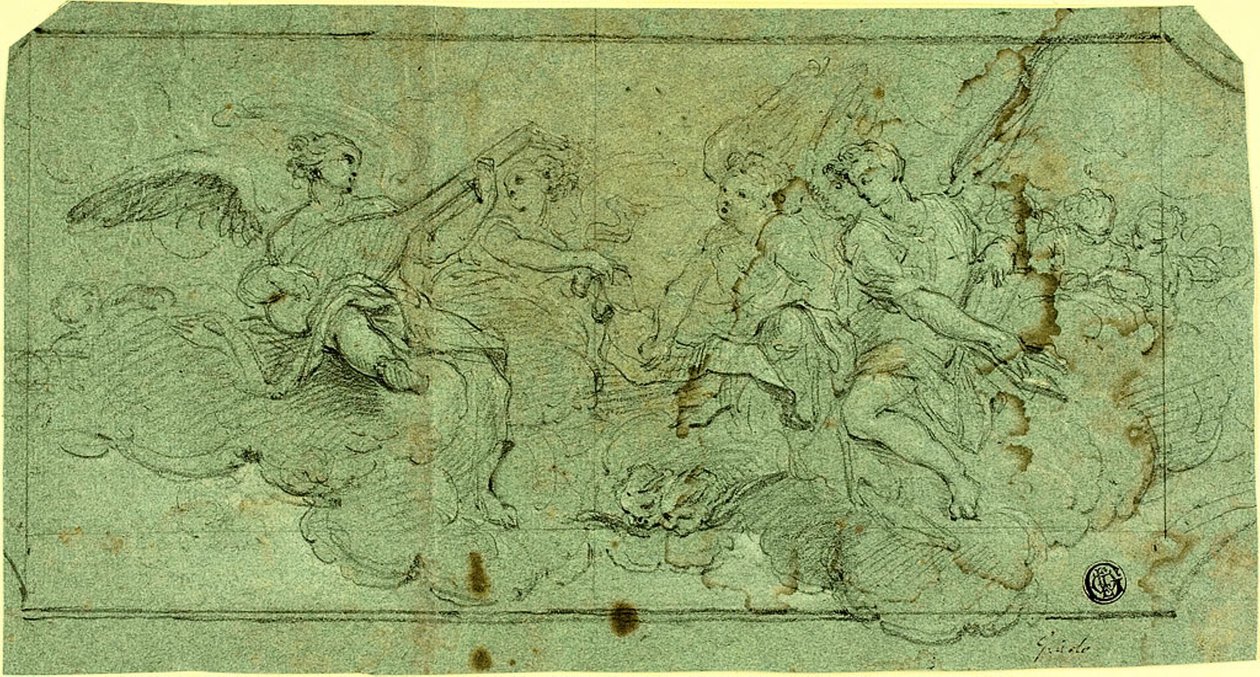 Muusikko Enkelit pilvissä (recto); Istuva pappi (käänteinen) tekijältä Guido Reni