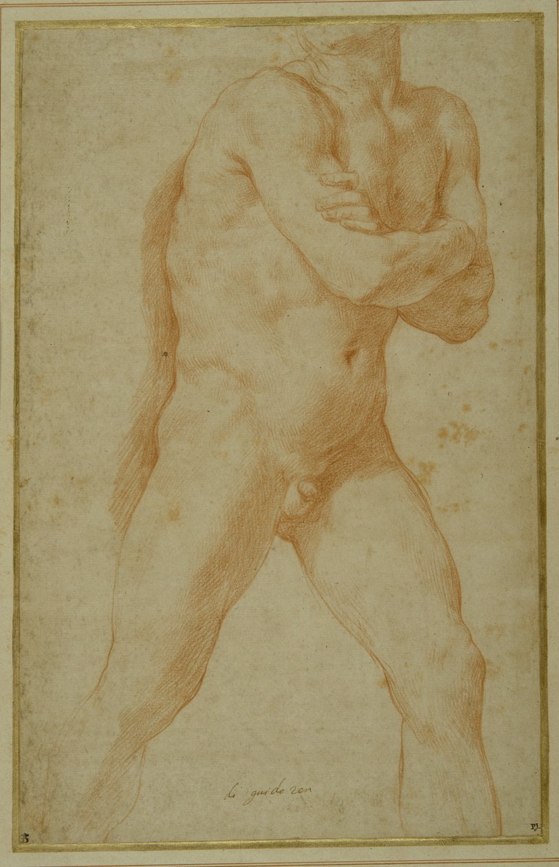 Alaston mies astuu eteenpäin, kädet ristissä ja katsoo tämän oikean olkapään yli (punainen liitu kermapaperilla) tekijältä Guido Reni