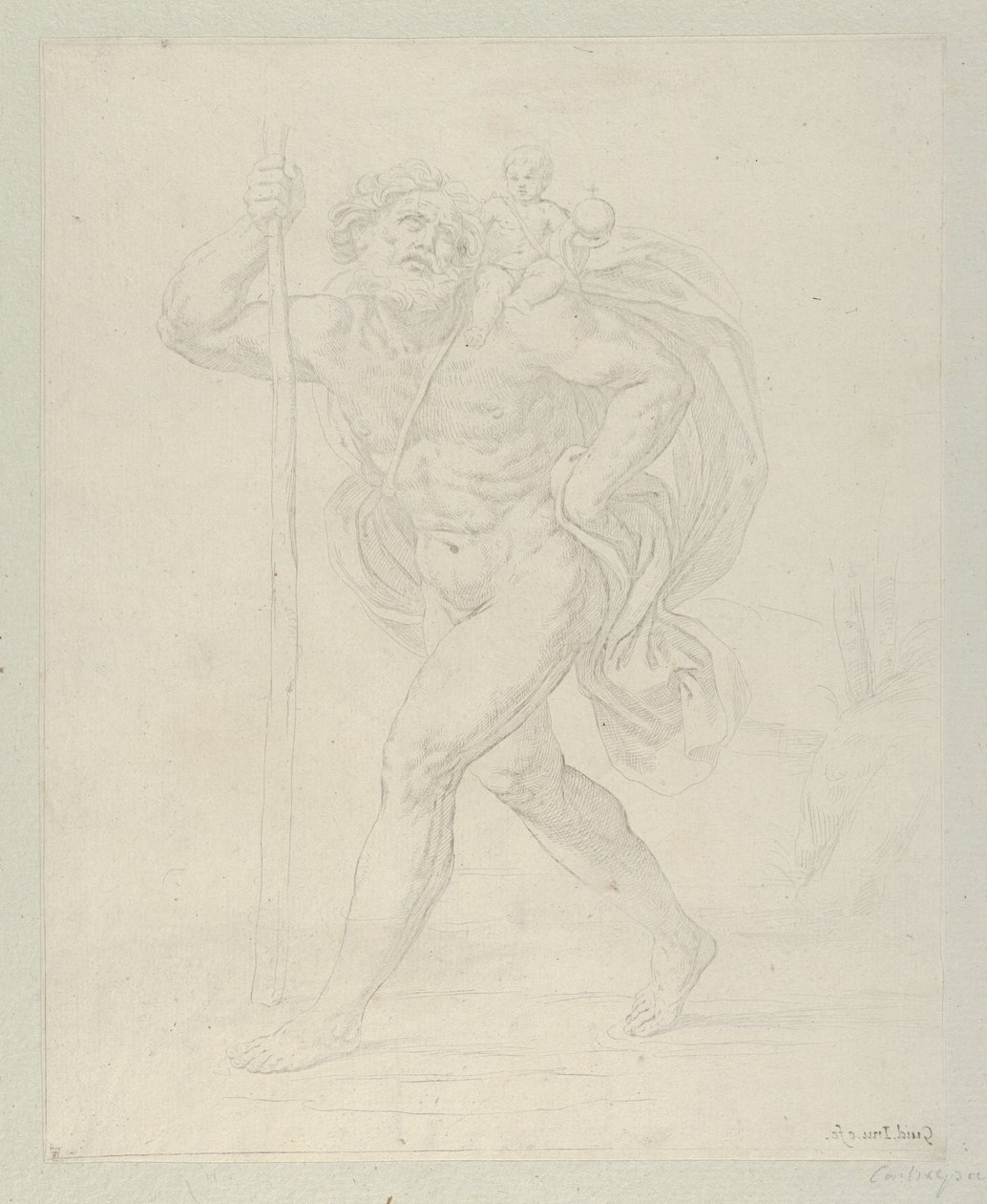 Pyhä Christopher kävelee Kristus-lapsen kanssa vasemmalla olkapäällään, vastapro..., n. 1600-1640. tekijältä Guido Reni