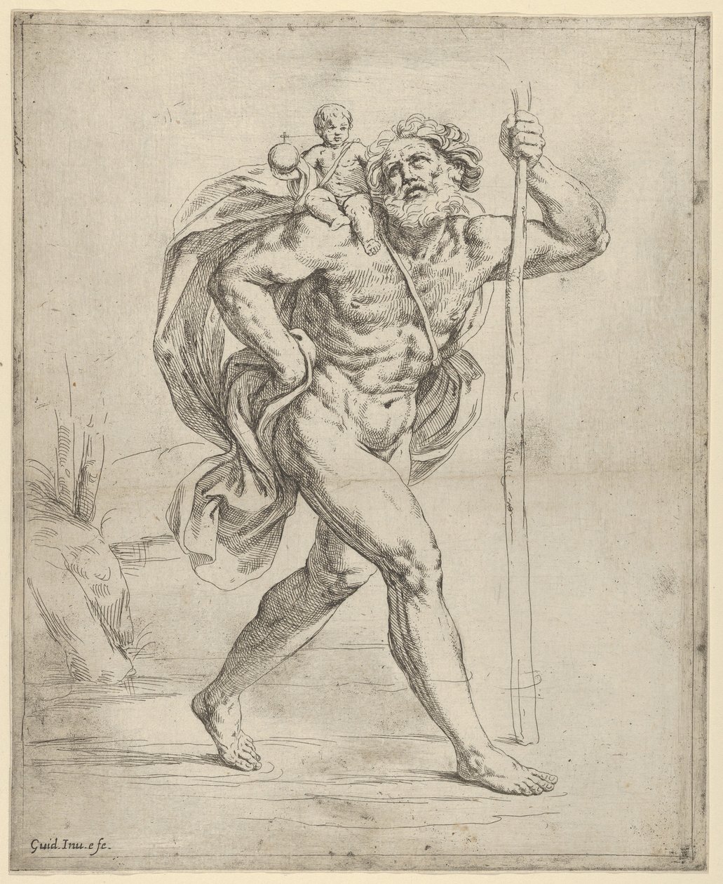 Pyhä Christopher kävelee Kristus-lapsen kanssa oikealla olkapäällään, n. 1600-1640. tekijältä Guido Reni