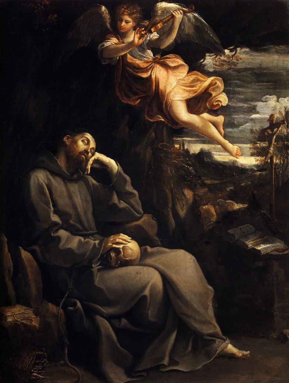 Musiikkienkelin lohduttama Pyhä Franciscus tekijältä Guido Reni