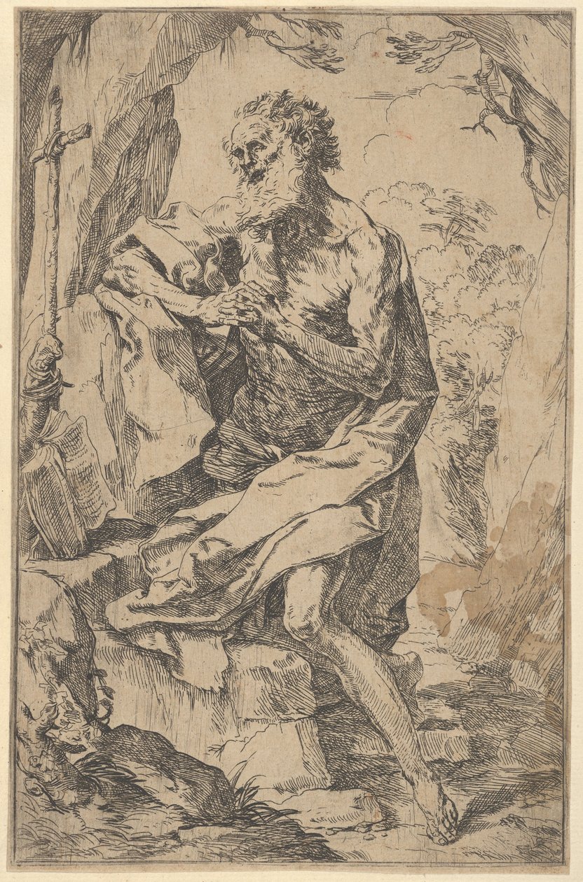Pyhä Hieronymus polvillaan kalliolla ristin edessä ja avoin kirja vasemmalle,..., n. 1600-1640. tekijältä Guido Reni