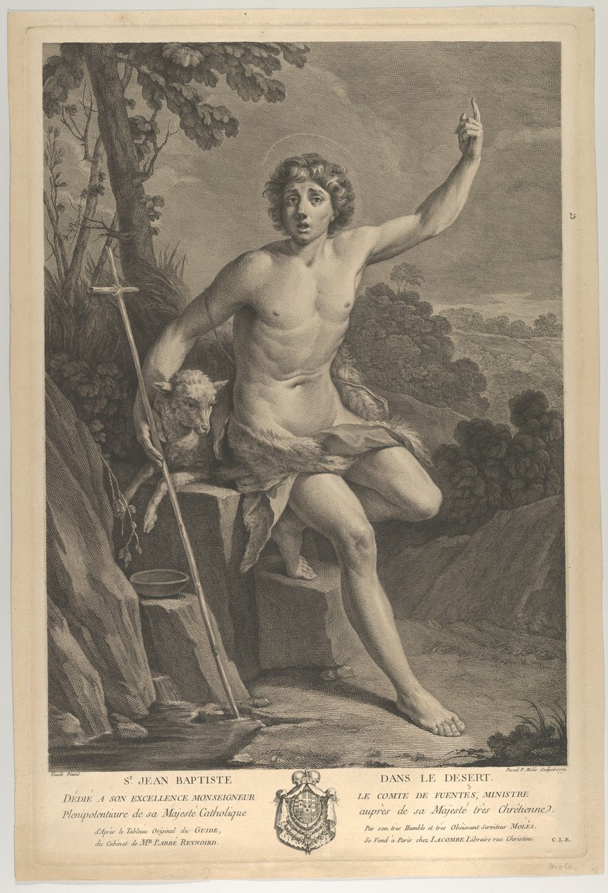 Pyhä Johannes Kastaja erämaassa, istuu kalliolla ja osoittaa ylöspäin vasemmalla h..., 1770 tekijältä Guido Reni